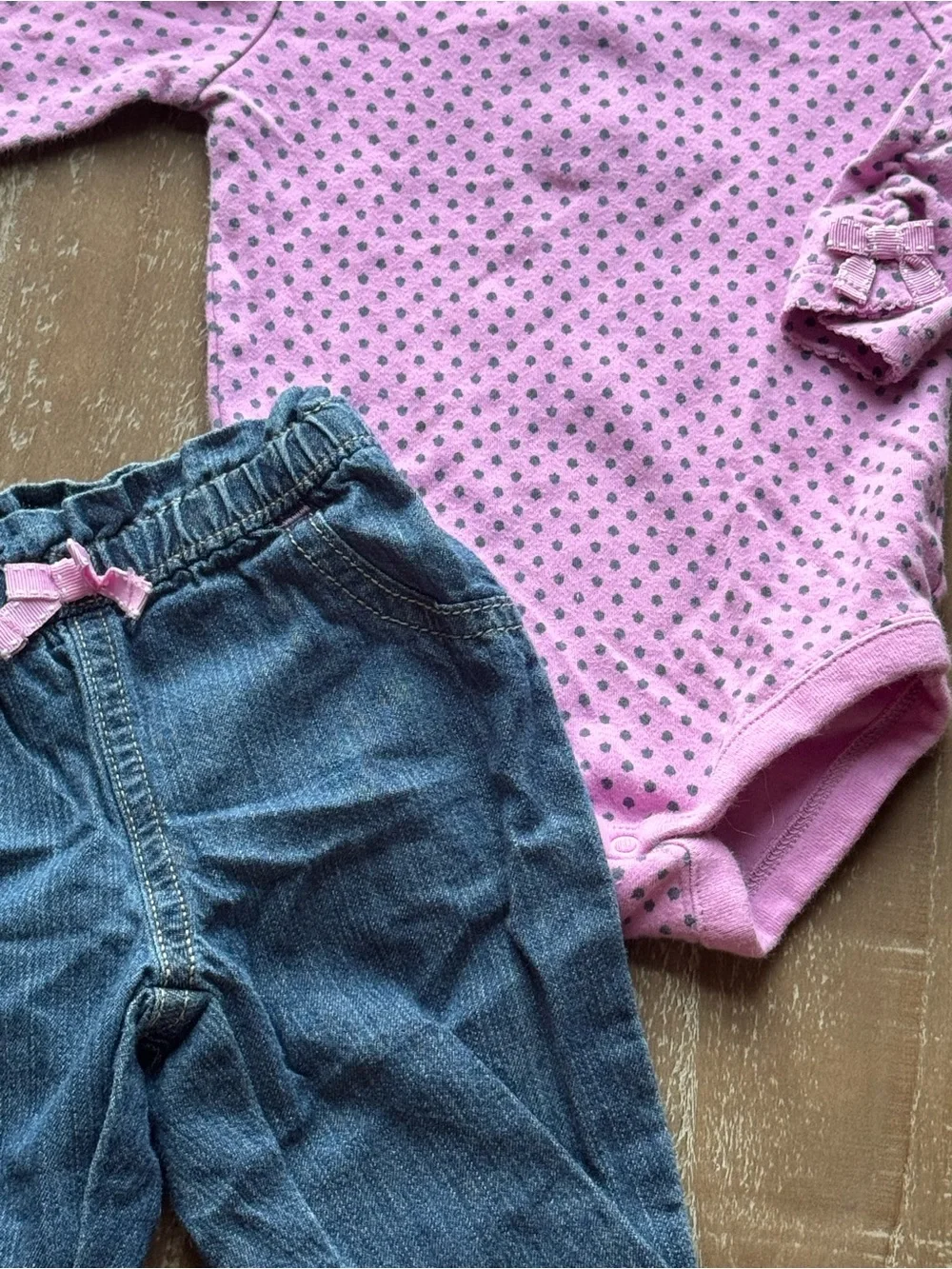 +Gymboree Purple Polka Dot Bodysuit Denim Pants Set 3-6M Baby Girl 2 Piece